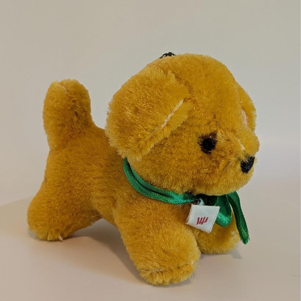 Vintage Shanghai Doll Factory Pure Wool Yellow Dog Plush Green Ribbon Glass Eye